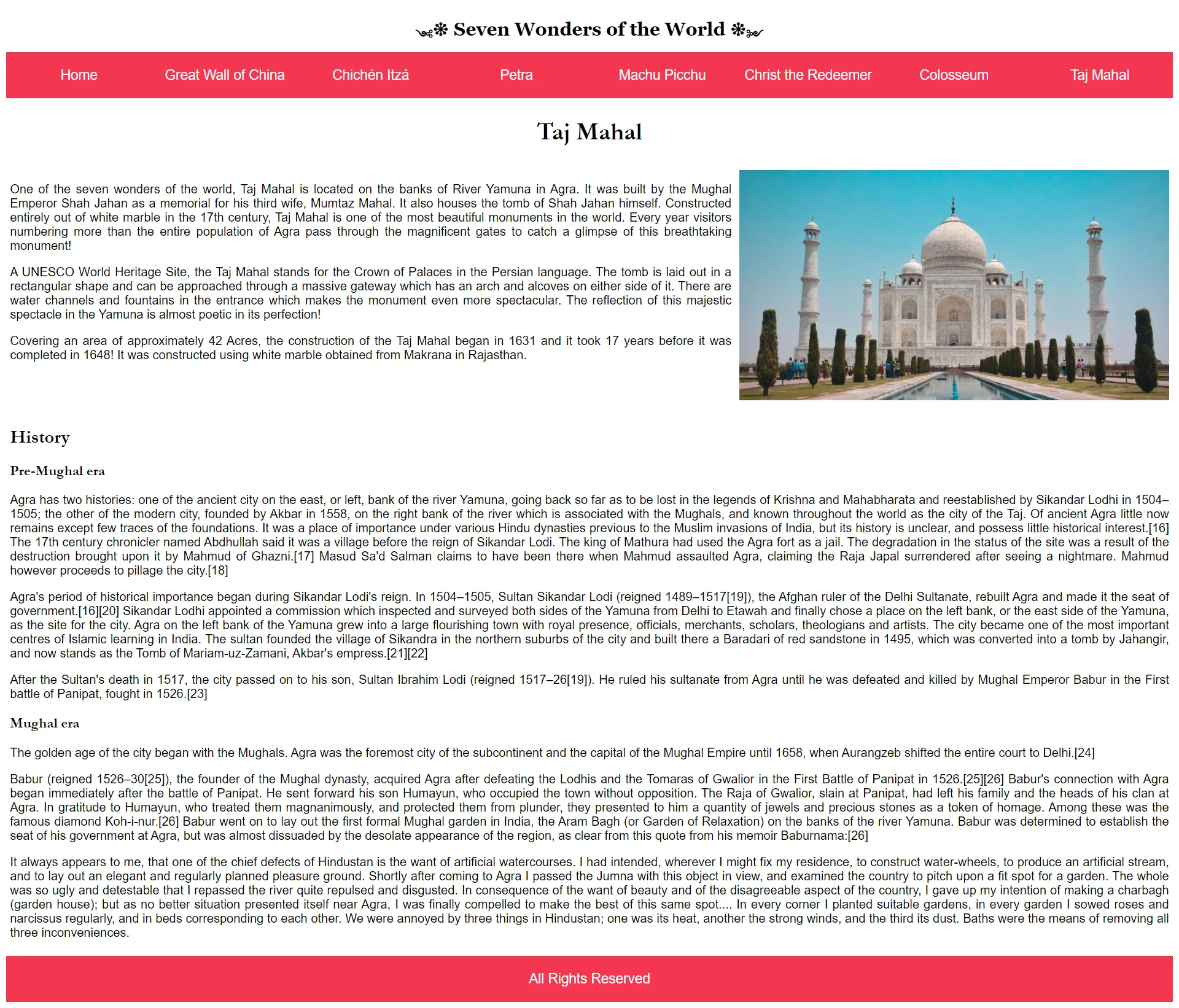 Seven Wonders Taj Mahal Page